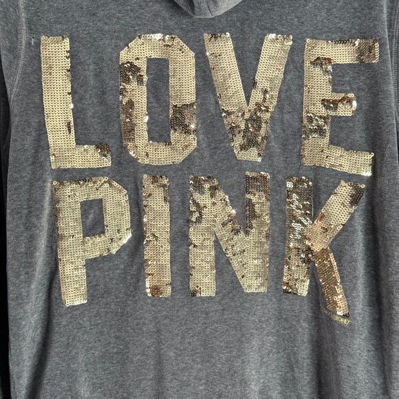 VS PINK Y2K Hoodie Dog Logo Sz Large Full ZIp Gray Velour Gold Sequin LOVE PINK - Picture 5 of 11